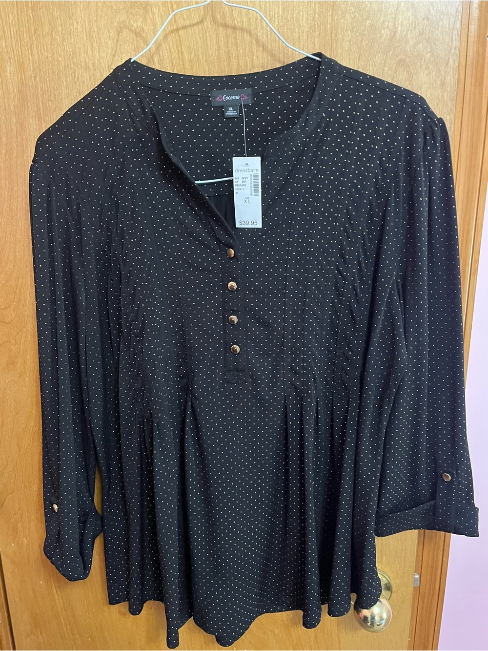 dressbarn Black Tunic with White Microdots and Henley Buttons